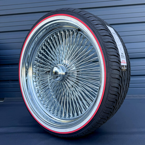 22x8-inch-wire-wheels-standard-chrome-150-spoke-with-265-35-22-original-vogue-tires-complete-set 22×8” Chrome Wire Wheels – 150 Spoke Straight Lace + 265/35R22 Original Vogue Red Stripe Tires | Triple Plated | Set of 4
