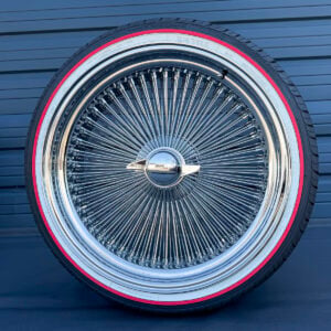 22x8-inch-wire-wheels-standard-chrome-150-spoke-with-265-35-22-original-vogue-tires-complete-set-front-view 22x8" wire wheels chrome standard with 265/35R22 original vogue red stripe tires - complete set of 4