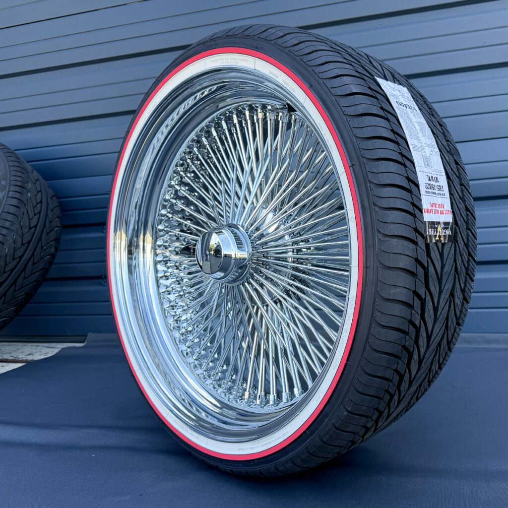 28 Inch Wire Rims 22×8 Chrome Wire Wheels 150 Spoke + Vogue Red Stripe Tire - Ninja Tire