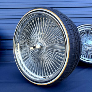 24-inch-wire-wheels-chrome-255-30-24-whitewall-gold-stripe-tires 24x10" wire wheels chrome + 255/30R24 custom whitewall and yellow stripe tires