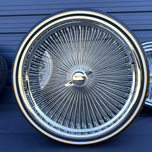 24-inch-wire-wheels-chrome-255-30-24-whitewall-gold-stripe-tires-front 24x10” Chrome Wire Wheels – 204 Spoke Standard + 255/30R24 Custom True Whitewall & Yellow Stripe Tires | Triple Plated | Set of 4