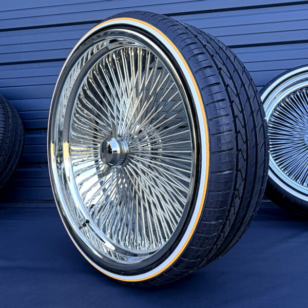 24x10” Chrome Wire Wheels – 204 Spoke Standard + 255/30R24 Custom True Whitewall & Yellow Stripe Tires | Triple Plated | Set of 4