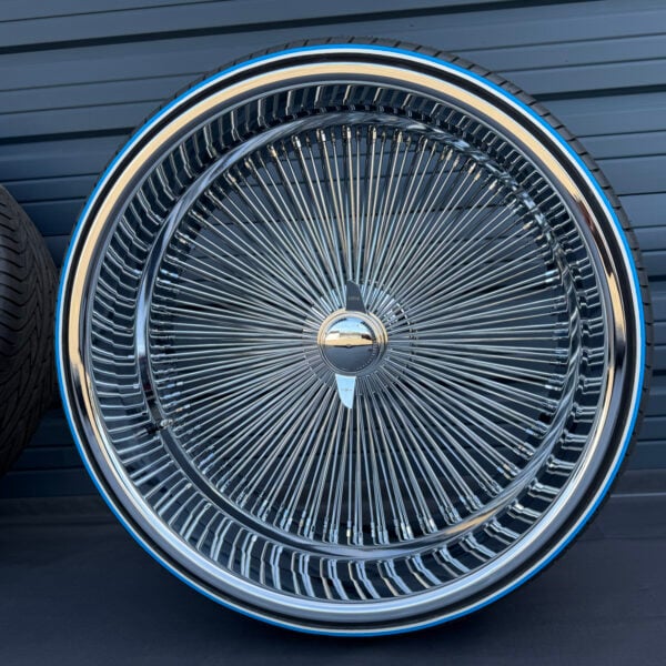 26” Chrome Dayton-Style Wire Wheels – Staggered Donk Set (8” Lip Rear) + 275/25R26 Custom Blue Stripe Tires | Set of 4