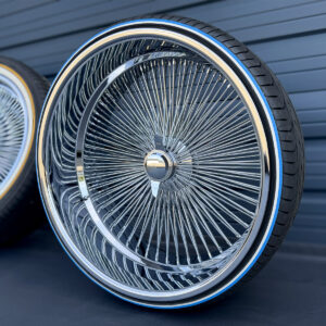 26-inch-wire-wheels-dayton-knock-off-275-25-26-whitewall-blue-stripe-tires-side-final 26” Chrome Dayton-Style Wire Wheels – Staggered Donk Set (8” Lip Rear) + 275/25R26 Custom Blue Stripe Tires | Set of 4