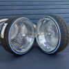 26-inch-wire-wheels-staggered-dayton-knock-off-275-25-26-whitewall-blue-stripe-tires 26" wire wheels staggered chrome with 275/25R26 custom true whitewall and blue stripe tires