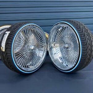 26-inch-wire-wheels-staggered-dayton-knock-off-275-25-26-whitewall-blue-stripe-tires 26" wire wheels staggered chrome with 275/25R26 custom true whitewall and blue stripe tires