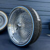26-inch-wire-wheels-standard-dayton-knock-off-275-25-26-whitewall-blue-stripe-tires-side 26" wire wheels chrome standard lip with 275/25R28 custom whitewall and blue stripe tires