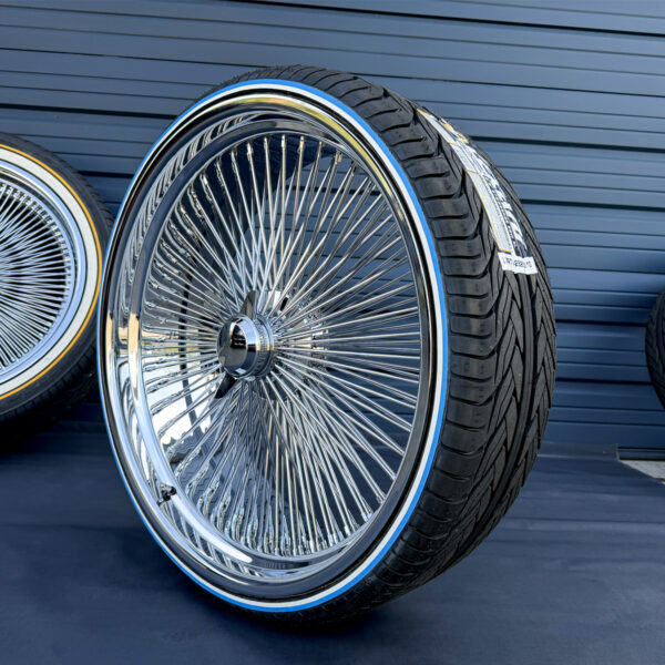 26-inch-wire-wheels-standard-dayton-knock-off-275-25-26-whitewall-blue-stripe-tires-side 26" wire wheels chrome standard lip with 275/25R28 custom whitewall and blue stripe tires