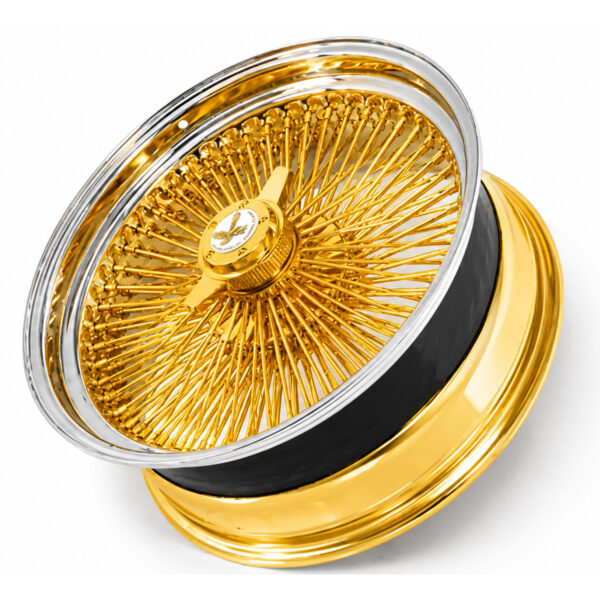 15x7-standard-gold-center-chrome-lip-wire-wheels-real-24k-california-gold-2 15x7” Real 24K California Gold Wire Wheels – 100 Spoke Standard with Chrome Lip | Set of 4