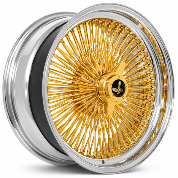 15x7-standard-gold-center-chrome-lip-wire-wheels-real-24k-california-gold 15x7 wire wheels 24k real California gold with chrome lip
