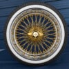 20x8” Real 24K California Gold Center Wire Wheels – 96 Spoke Quad Cross Lace + 245/40R20 Custom True Whitewall Tires | Standard Offset | Set of 4