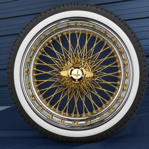 20x8-wire-wheels-standard-gold-center-96-spoke-cross-laced-custom-whitewall-tires-245-40-20-tires-front-view-white-eagle 20x8” Real 24K California Gold Center Wire Wheels – 96 Spoke Quad Cross Lace + 245/40R20 Custom True Whitewall Tires | Standard Offset | Set of 4