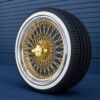 20x8” Real 24K California Gold Center Wire Wheels – 96 Spoke Quad Cross Lace + 245/40R20 Custom True Whitewall Tires | Standard Offset | Set of 4