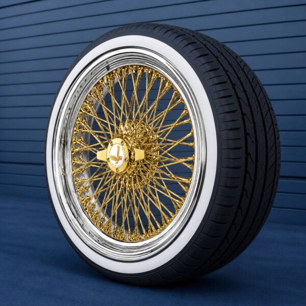 20x8” Real 24K California Gold Center Wire Wheels – 96 Spoke Quad Cross Lace + 245/40R20 Custom True Whitewall Tires | Standard Offset | Set of 4