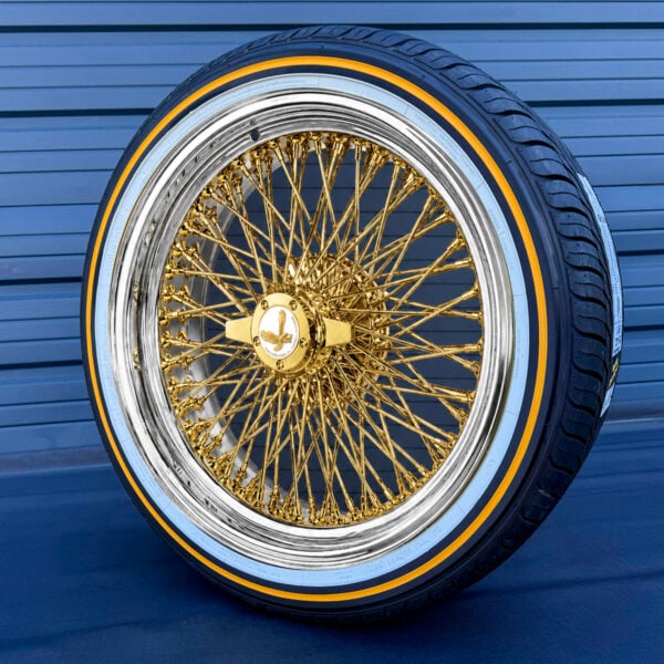 20x8-wire-wheels-standard-gold-center-chrome-lip-96-spoke-cross-laced-with-245-40-20-original-vogue-tires-complete-package 20x8” Real 24K California Gold Center Wire Wheels – 96 Spoke Quad Cross Lace + 245/40R20 Original Vogue Tires | Standard Offset | Set of 4