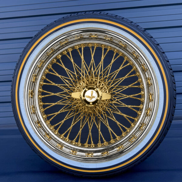 20x8-wire-wheels-standard-gold-center-chrome-lip-96-spoke-cross-laced-with-245-40-20-original-vogue-tires-complete-package-front-view 20x8" gold center real 24k gold 96 spokes cross laced + 245/40R20 original vogue tires