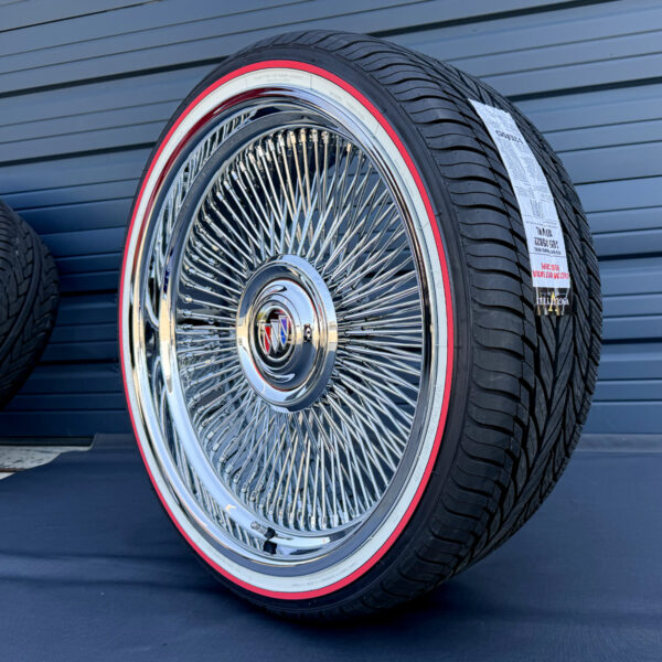 22x9” Forged Wire Wheels Chrome + 265/35R22 Original Vogue Red Stripe Tires | Direct Bolt-on Floating Cap | Set of 4