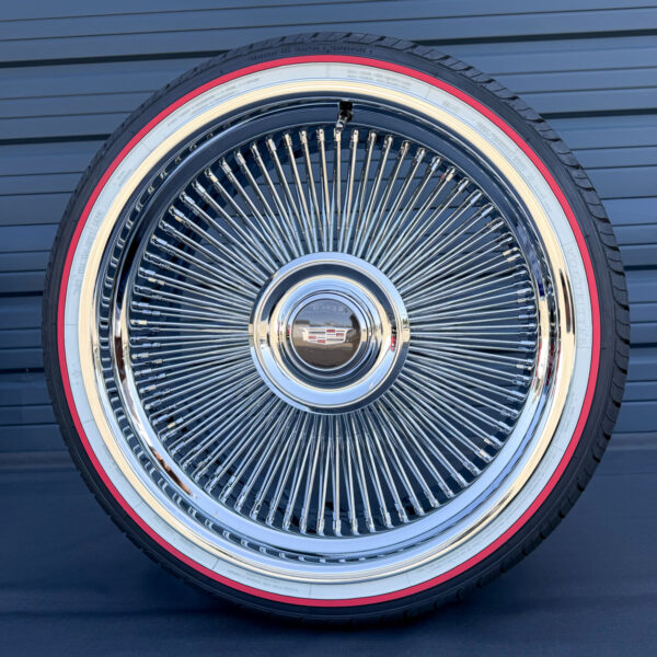 22x9" wire wheels direct bolt on with cadillac floating cap and 265/35R22 original vogue red stripe tires
