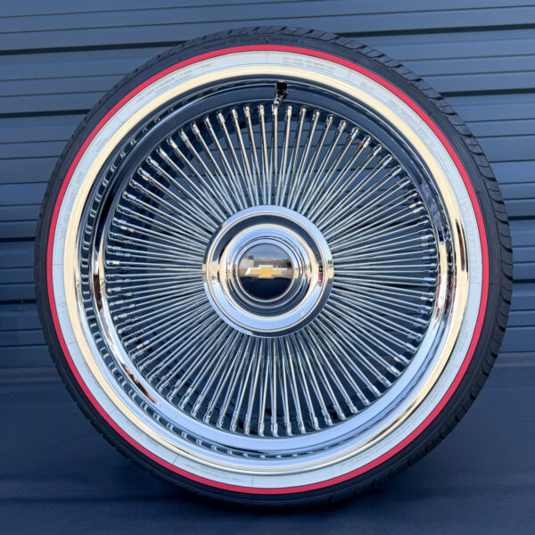 22-inch-wire-wheels-bolt-on-floating-cap-265-35-22-whitewall-red-stripe-original-vogue-brand-red-stripe-tires-front-chevy-floating-cap 22x9 Forged Chrome Direct Bolt Wire Wheels & Vogue Red Stripe Tires Set