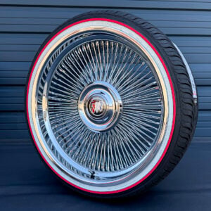 22-inch-wire-wheels-bolt-on-floating-cap-265-35-22-whitewall-red-stripe-original-vogue-brand-tires 22x9" wire wheels direct bolt on with floating and 265/35R22 original vogue tires red stripe
