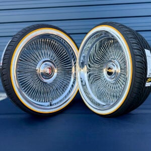 22x9-wire-wheels-bolt-on-floating-cap-staggered-chrome-265-35-22-original-vogue-tires-cadillac-staggered-set 22x9" wire wheels staggered deep dish with 265/35R22 original vogue brand tires
