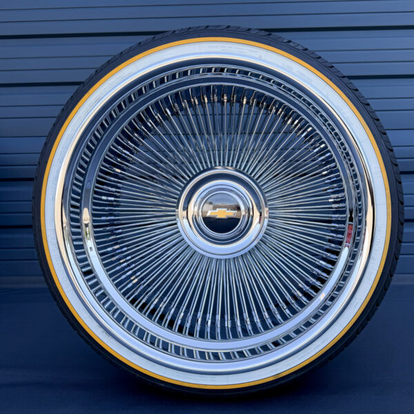 22x9-wire-wheels-bolt-on-floating-cap-staggered-chrome-265-35-22-original-vogue-tires-chevy 22x9" wire wheels with chevy floating cap direct bolt-on wire wheels