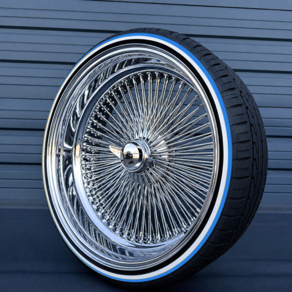 24-inch-reverse-wire-wheels-chrome-255-30-r24-custom-whitewall-blue-stripe-tires 24x10" wire wheels reverse deep dish with whitewall and blue stripe tires