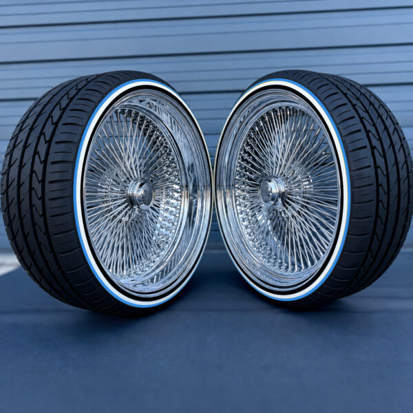 24-inch-staggered-wire-wheels-chrome-255-30-r24-custom-whitewall-blue-stripe-tires 24x10" wire wheels chrome staggered with custom whitewall and blue stripe tires 255/30R24