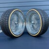 24x10" wire wheels staggered chrome with 255/30R24 custom whitewall and yellow stripe tires