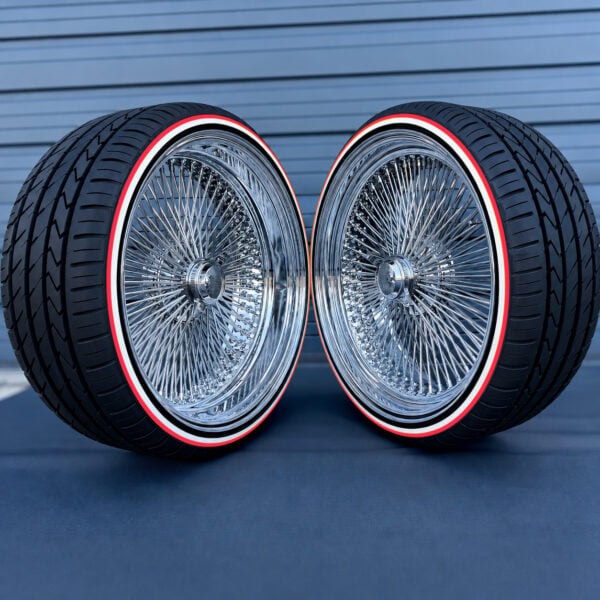 24-inch-staggered-wire-wheels-chrome-255-30-r24-custom-whitewall-red-stripe-tires 24x10" wire wheels staggered chrome with 255/30R24 custom whitewall and red stripe tires