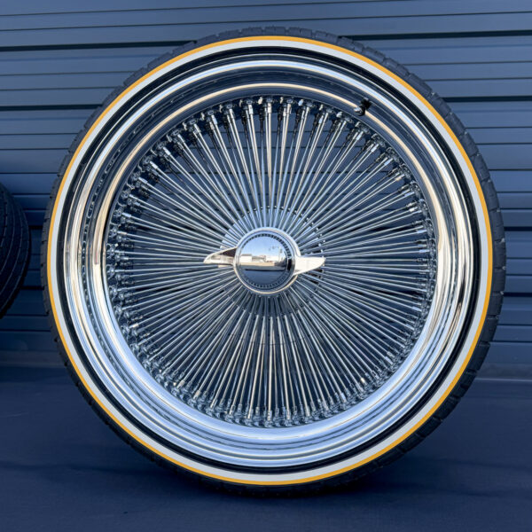 24x10" wire wheels standard offset with whitewall and yellow stripe tires