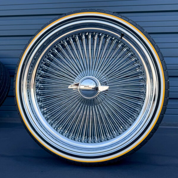 24-inch-standard-straight-wire-wheels-chrome-255-30-r24-custom-whitewall-gold-stripe-tires 24x10" wire wheel standard offset with custom tires 255/30R24