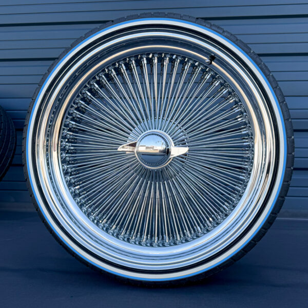 24-inch-standard-wire-wheels-chrome-255-30-r24-custom-whitewall-blue-stripe-tires 24x10" Chrome Wire Wheels Staggered – Standard & Deep Dish + 255/30R24 Custom True Whitewall & Blue Stripe Tires | Triple Plated | Set of 4