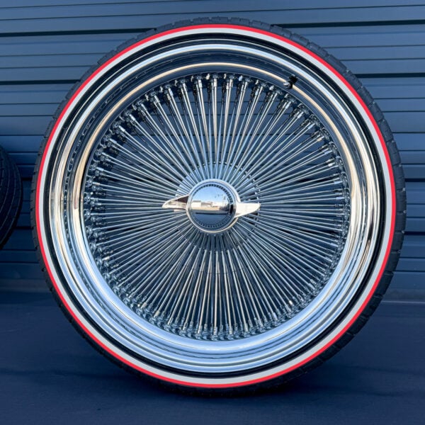 24-inch-standard-wire-wheels-chrome-255-30-r24-custom-whitewall-red-stripe-tires 24x10” Chrome Wire Wheels Staggered – Standard & Deep Dish + 255/30R24 Custom True Whitewall & Red Stripe Tires | Triple Plated | Set of 4