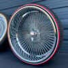 26x10 wire wheels reverse deep dish chrome dayton with 275/25R26 whitewall and red stripe tires complete package