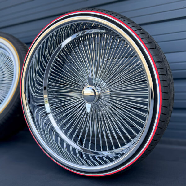 26x10 wire wheels reverse deep dish chrome dayton with 275/25R26 whitewall and red stripe tires complete package