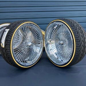 26-inch-wire-wheels-staggered-dayton-knock-off-275-25-26-whitewall-gold-stripe-tires 26" wire wheels staggered chrome 26x9 and 26x10 with 275/25R26 custom whitewall and yellow stripe tires