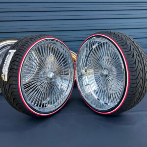 26-inch-wire-wheels-staggered-dayton-knock-off-275-25-26-whitewall-red-stripe-tires 26" wire wheels staggered chrome knock-off dayton with custom whitewall and red stripe tires