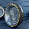 26-inch Chrome Knock-Off Wire Wheels – Staggered Donk Set (26x9 & 26x10) + 275/25R26 Custom True Whitewall & Yellow Stripe Tires | Set of 4