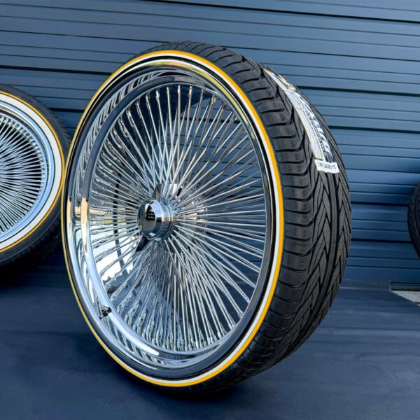 26-inch Chrome Knock-Off Wire Wheels – Staggered Donk Set (26x9 & 26x10) + 275/25R26 Custom True Whitewall & Yellow Stripe Tires | Set of 4
