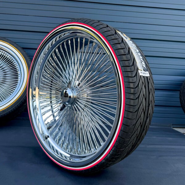 26x9 wire wheels standard chrome dayton knock-off with whitewall and red stripe tires package