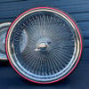 26x9 wire wheels standard chrome dayton knock-off with whitewall and red stripe tires