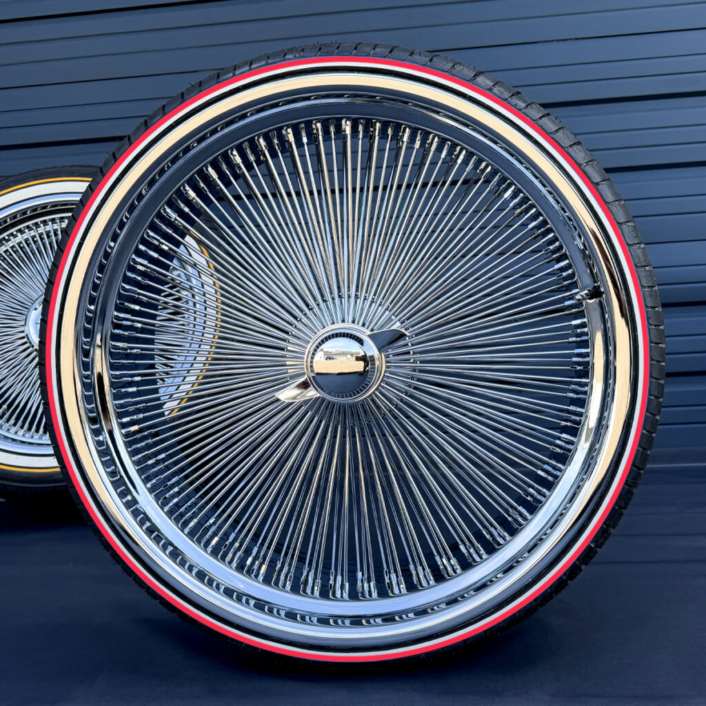 28 Inch Wire Rims 26 Inch Chrome Wire Wheels + Whitewall Red Stripe Tires - Ninja Tire