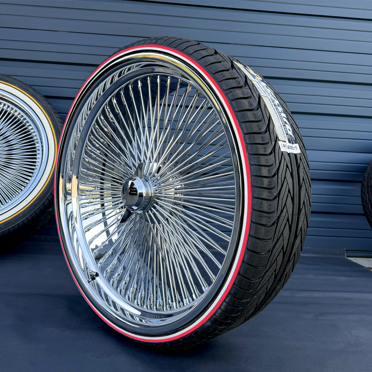 28 Inch Wire Rims 26 Inch Chrome Wire Wheels + Whitewall Red Stripe Tires - Ninja Tire
