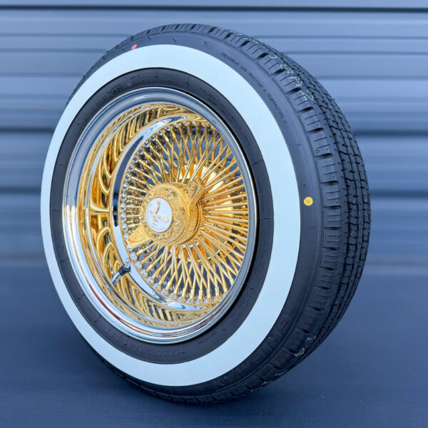 14x7 Reverse Gold Center 100-Spoke Wire Wheels & Whitewall Tires Set (Engraved Knock-Off)