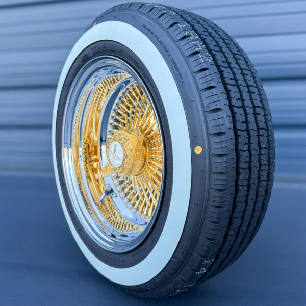 14x7 Reverse Gold Center 100-Spoke Wire Wheels & Whitewall Tires Set (Engraved Knock-Off)