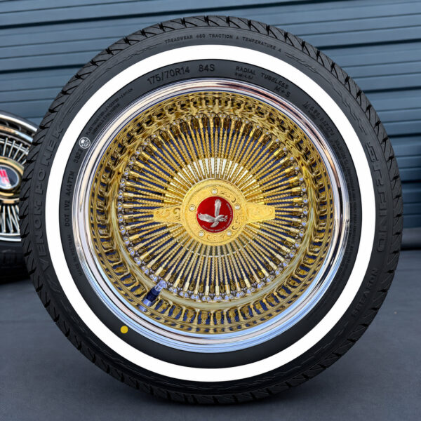 14x7-reverse-gold-center-cali-spoke-diamond-cut-wire-wheel-and-whitewall-tire-red-eagle-chip 14x7 cali spoke diamond cut wire wheels with red eagle chip