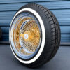 14x7-reverse-gold-center-cali-spoke-diamond-cut-wire-wheel-and-whitewall-tire-side-view 14x7 Reverse Gold Center Cali Spoke Diamond Cut Wire Wheels & Whitewall Tires Set (Real 24k Gold)