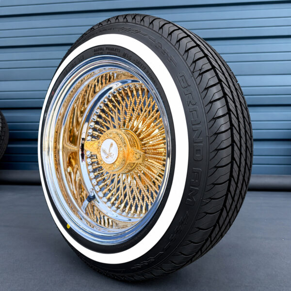 14x7-reverse-gold-center-cali-spoke-diamond-cut-wire-wheel-and-whitewall-tire-side-view 14x7 Reverse Gold Center Cali Spoke Diamond Cut Wire Wheels & Whitewall Tires Set (Real 24k Gold)