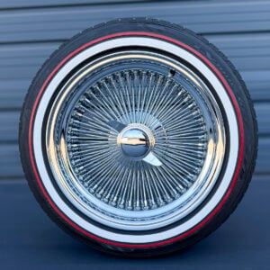 16x7" wire wheels standard chrome 100 spoke + custom whitewall and red stripe tires